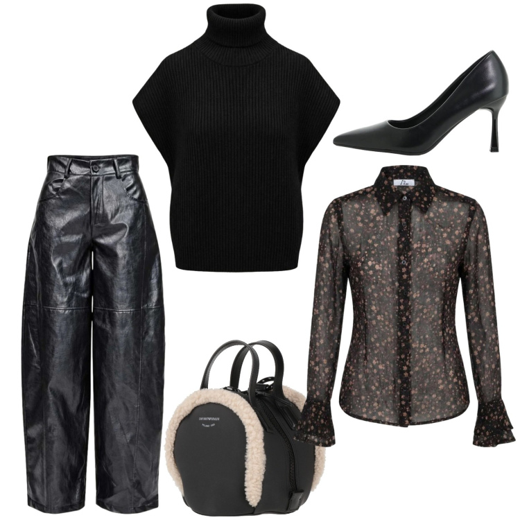 Outfit donna - Mood metropolitano. Stile Trendy per Serata fuori. Abbinamento con camicie, pantaloni a palazzo, maglieria, décolleté, zaini.