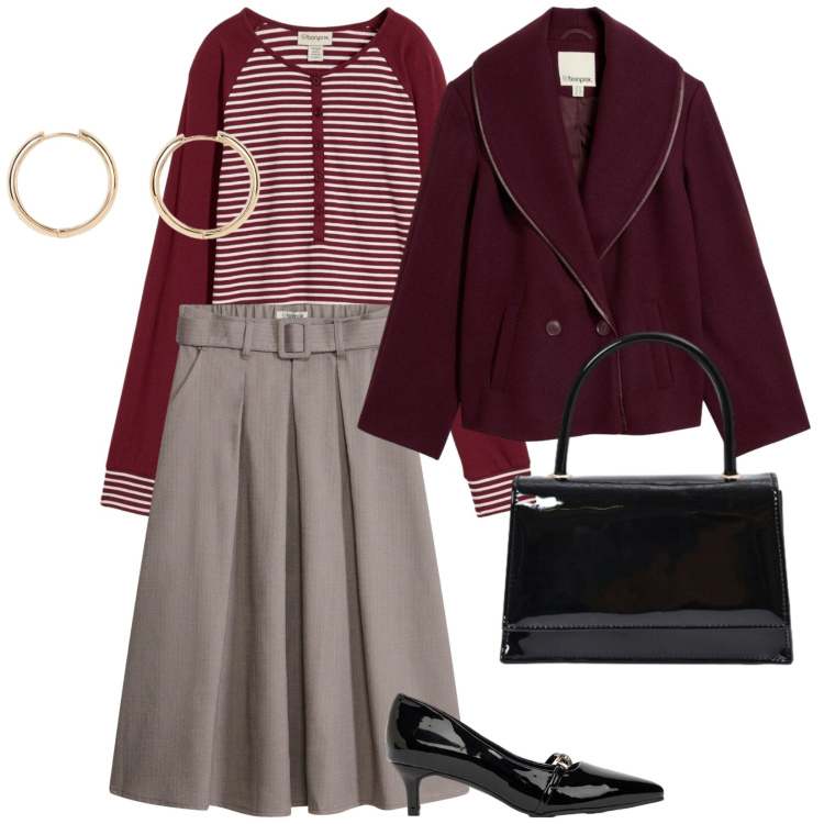 Outfit donna - Colazione a Parigi. per Tutti i giorni. Abbinamento con borse a mano, blazer, gonne, orecchini, décolleté, t-shirt.