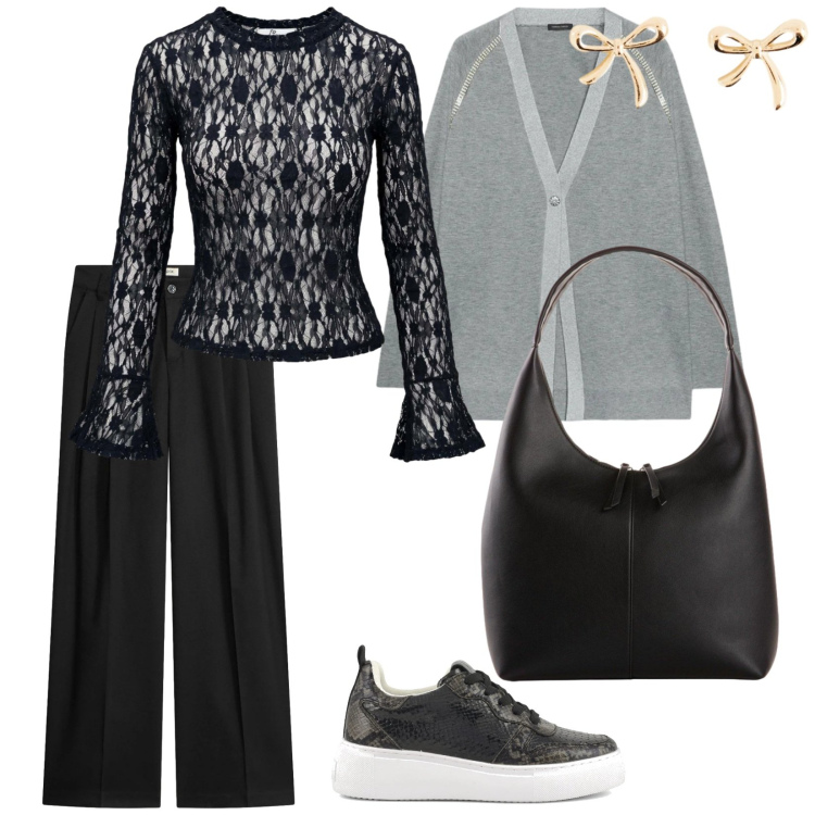 Outfit donna - Il pizzo di giorno. per Tutti i giorni. Abbinamento con top, cardigans, sneakers, borse a mano, pantaloni a palazzo, orecchini.