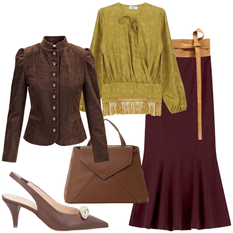 Outfit donna - Chic. Stile Chic per Ufficio. Abbinamento con cinture, blazer, borse a mano, gonne lunghe, bluse, décolleté.
