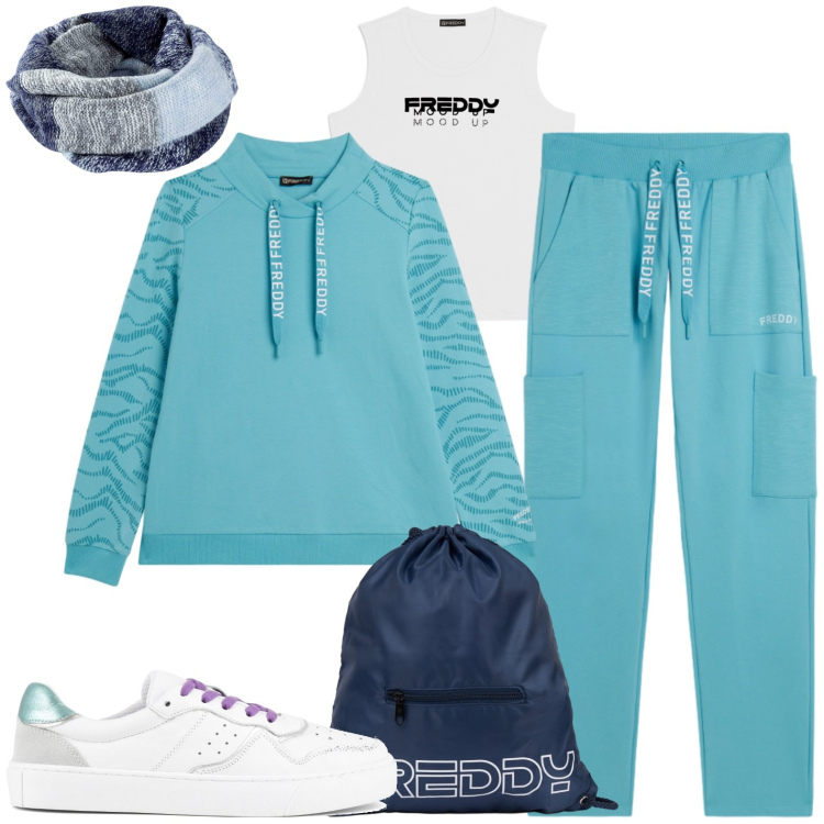 Outfit donna - Sporty. Stile Sporty chic per Sport. Abbinamento con pantaloni, felpe, zaini, canottiere, foulard, sneakers.