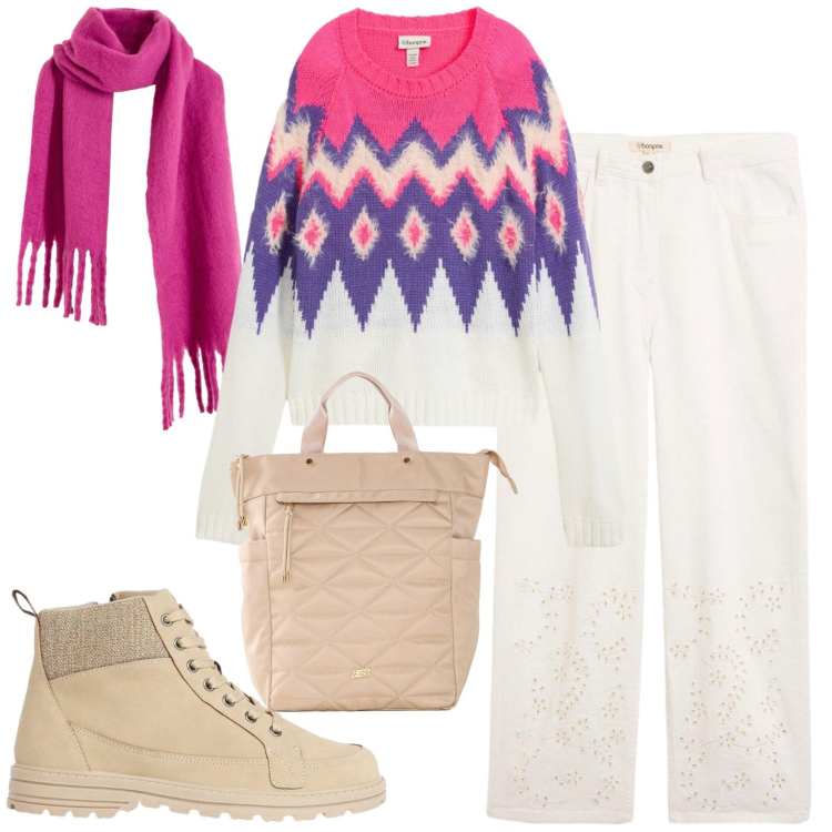 Outfit donna - Casual. Stile Casual per Tutti i giorni. Abbinamento con stivaletti, maglieria, sciarpe, pantaloni, zaini.