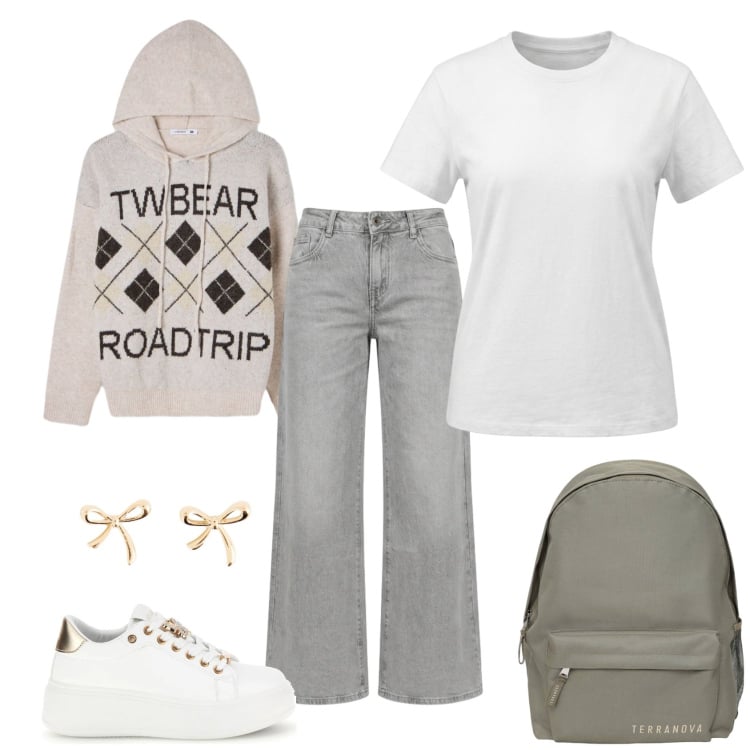 Outfit donna - Total look #2495616. Stile Casual chic per Tutti i giorni. Abbinamento con jeans a zampa, t-shirt, felpe con cappuccio, zaini, sneakers alte, orecchini.