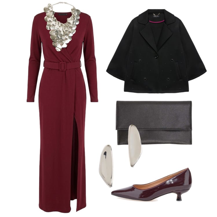 Outfit donna - Ottobre. Stile Glamour per Serata fuori. Abbinamento con cappotti, orecchini, vestiti lunghi, clutch, collane, décolleté.