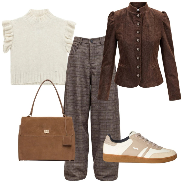 Outfit donna - Rinascimento mood. Stile Trendy per Tutti i giorni. Abbinamento con pantaloni, blazer, sneakers, borse a mano, maglieria.