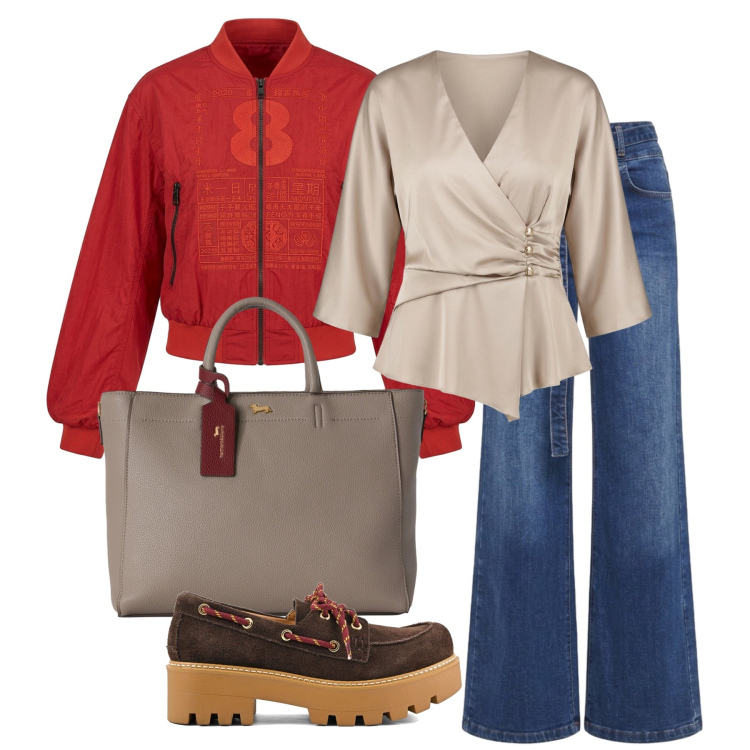 Outfit donna - Ottobre. Stile Casual per Tutti i giorni. Abbinamento con borse a mano, jeans, bluse, bomber, mocassini.
