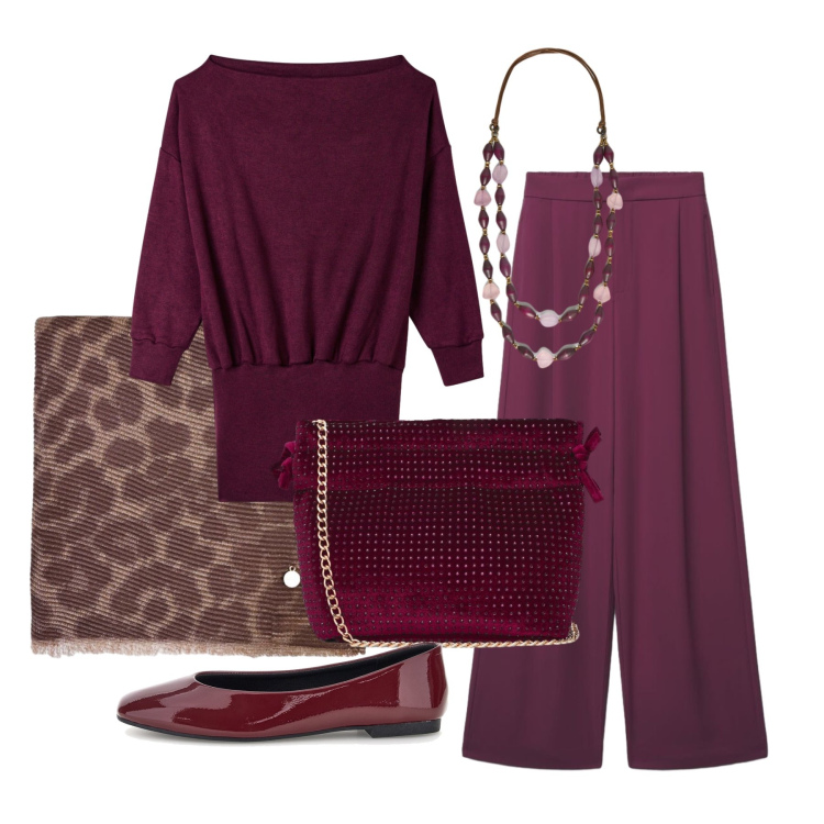 Outfit donna - Ottobre. Stile Trendy per Tutti i giorni. Abbinamento con collane, sciarpe, borse a tracolla, pantaloni a palazzo, vestiti corti, ballerine.