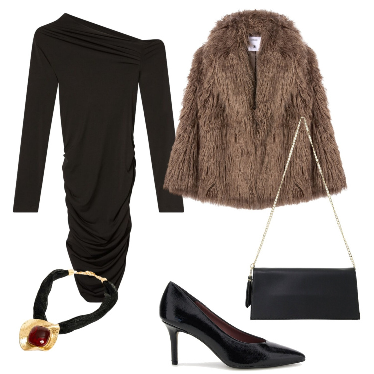 Outfit donna - Total look #2495644. Stile Glamour per Serata fuori. Abbinamento con borse a tracolla, ciondoli, ecopellicce, vestiti asimmetrici, décolleté.