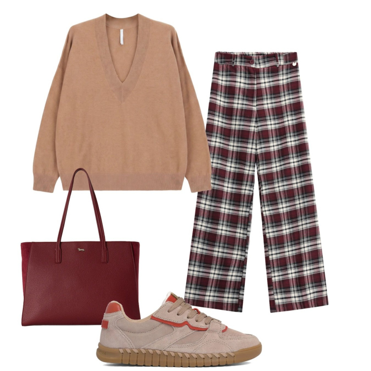 Outfit donna - Tartan. Stile Bon Ton per Tutti i giorni. Abbinamento con shopping bag, maglieria, pantaloni, sneakers.