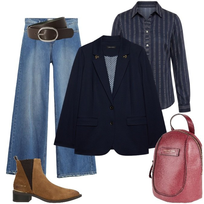 Outfit donna - Blu Navy-Urban chic Quotidiano. Stile Casual chic per Tutti i giorni. Abbinamento con cinture, camicie, blazer, jeans dritti, zaini, stivaletti texani.