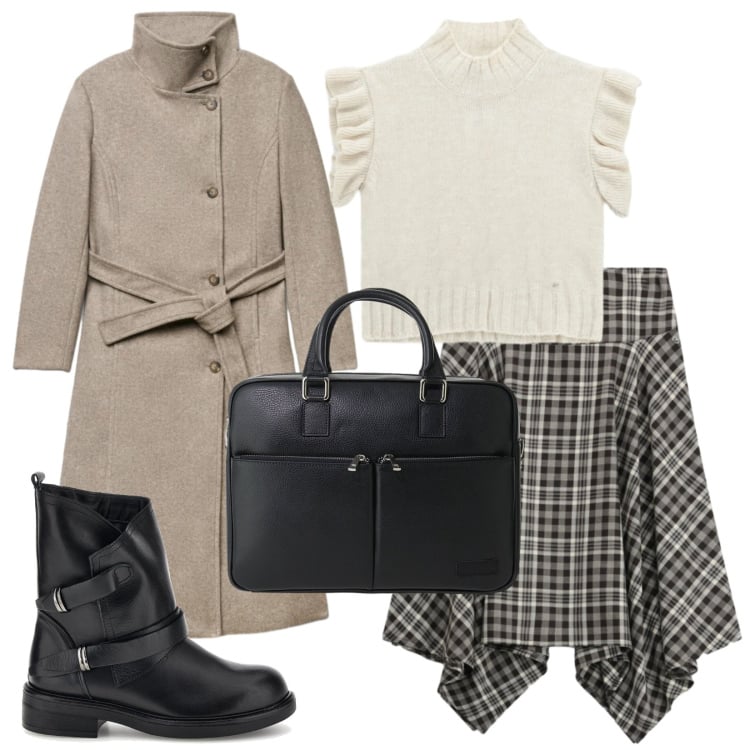 Outfit donna - Ankle boots in ufficio. Stile Rock per Ufficio. Abbinamento con borse messenger, gonne longuette, maglieria, cappotti, stivaletti.