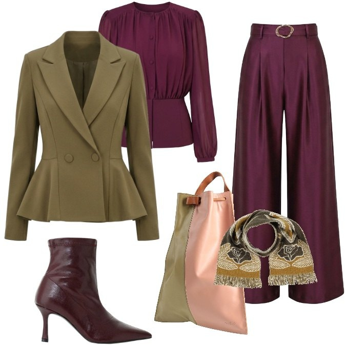 Outfit donna - Eleganza d'Autunno. Stile Chic per Ufficio. Abbinamento con stivaletti, bluse, blazer, pantaloni a palazzo, zaini, sciarpe.