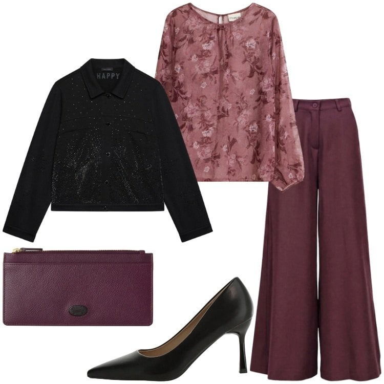 Outfit donna - Colori profondi per la cena autunnale. Stile Romantica per Serata fuori. Abbinamento con pantaloni a palazzo, portafogli, décolleté, cappotti, tuniche.