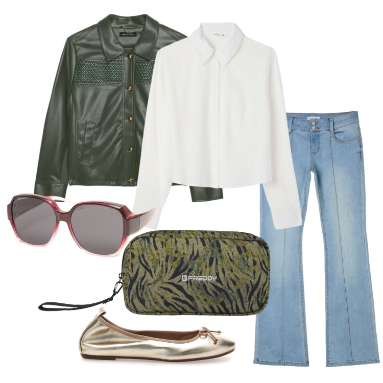 Outfit donna - Ottobre. Stile Casual chic per Tutti i giorni. Abbinamento con blazer, valigie, occhiali da sole, camicie, jeans a zampa, ballerine.