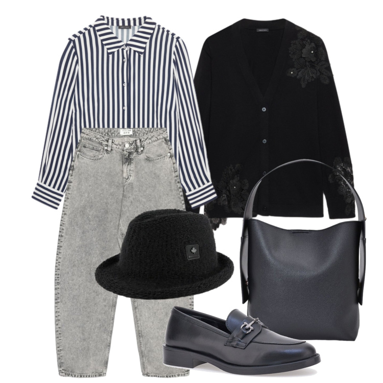 Outfit donna - Ottobre. Stile Casual chic per Tutti i giorni. Abbinamento con camicie, cardigans, borse a spalla, cappelli, jeans, mocassini.
