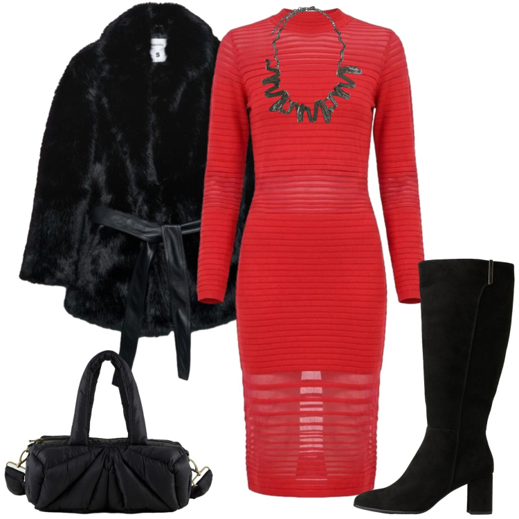 Outfit donna - Pop of red. Stile Casual chic per Serata fuori. Abbinamento con ciondoli, vestiti midi/longuette, borse a mano, trench, stivali.