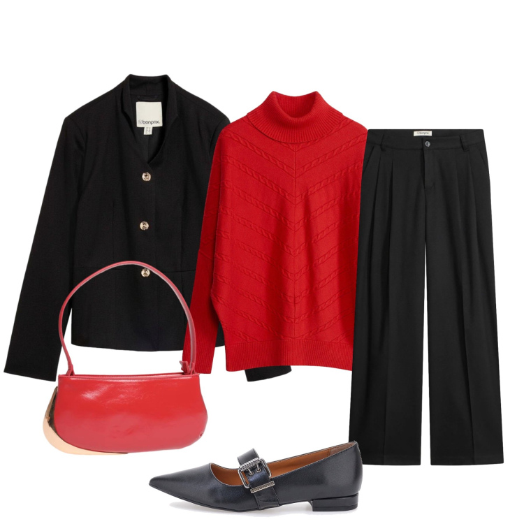 Outfit donna - Una pennellata di rosso. Stile Glamour per Tutti i giorni. Abbinamento con borse a spalla, pullovers, ballerine, blazer, pantaloni a palazzo.