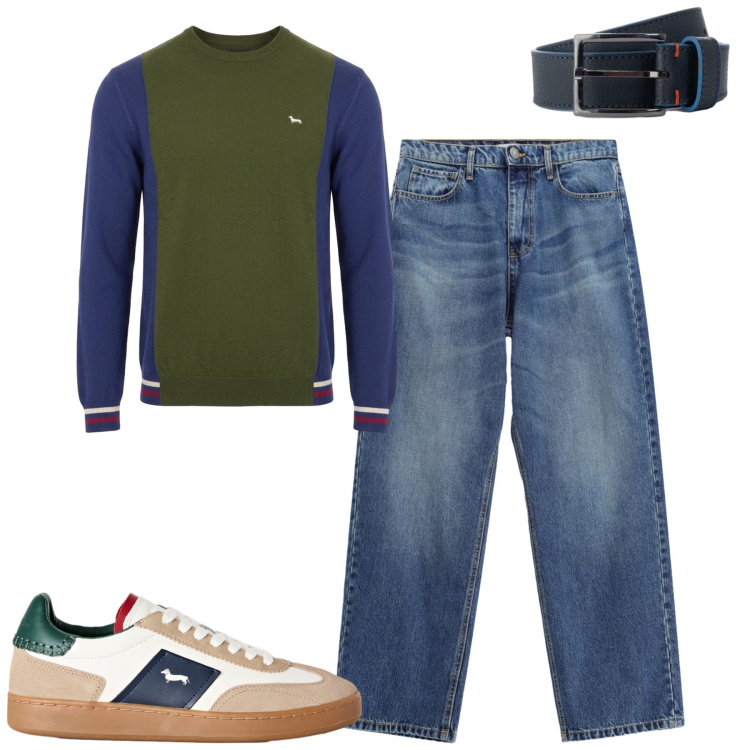 Outfit uomo - City. Stile Casual per Tutti i giorni. Abbinamento con sneakers, maglieria, cinture, jeans.