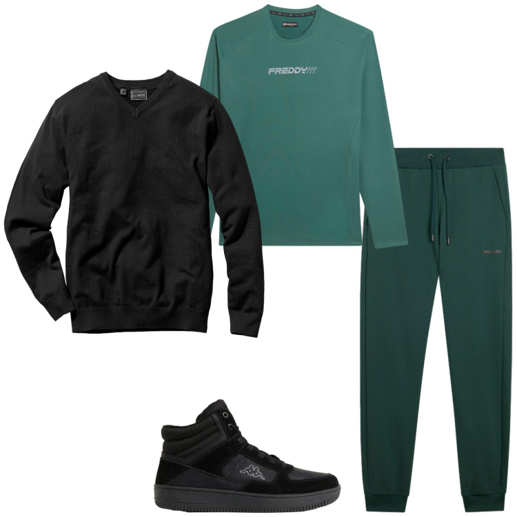 Outfit uomo - Total look #2495698. Stile Trendy per Tutti i giorni. Abbinamento con pantaloni, t-shirt, sneakers alte, maglieria.