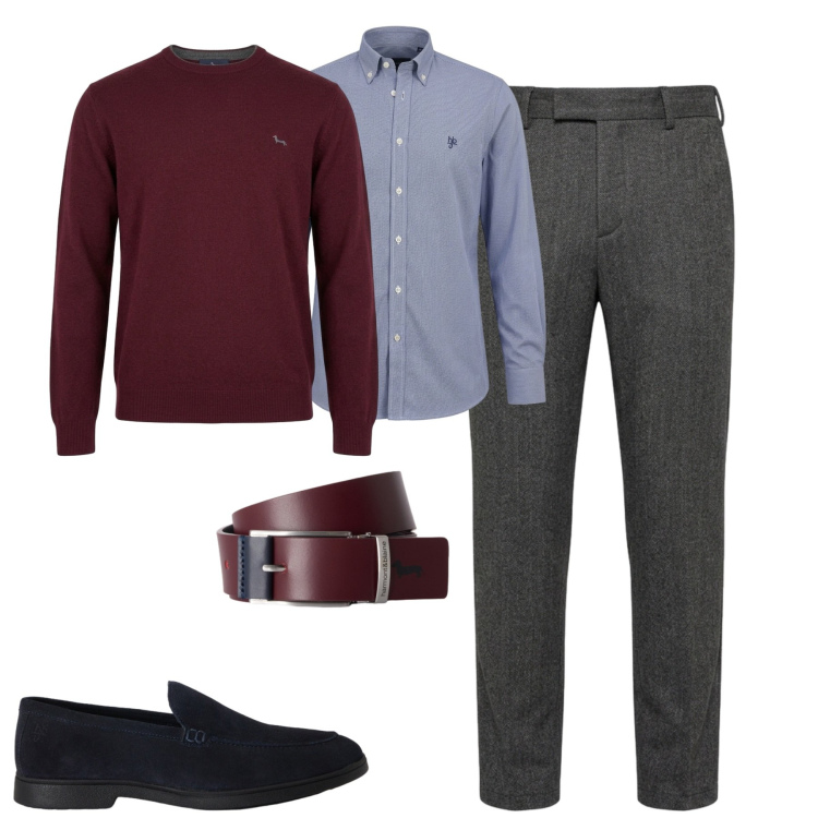 Outfit uomo - Business. Stile Business/Elegante per Ufficio. Abbinamento con cinture, pantaloni, maglieria, scarpe stringate, camicie.