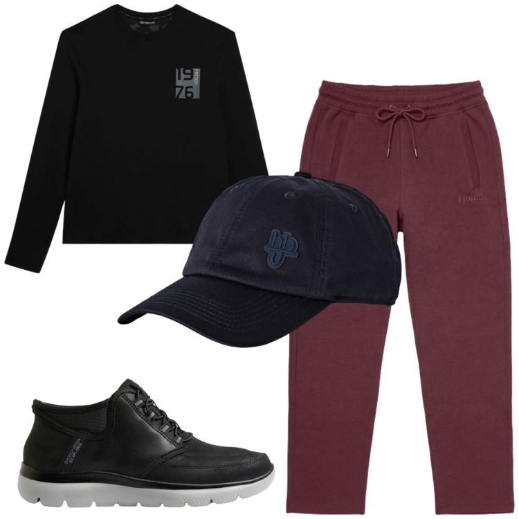 Outfit uomo - Total look #2495717. Stile Trendy per Sport. Abbinamento con cappelli con visiera, t-shirt, pantaloni, sneakers.