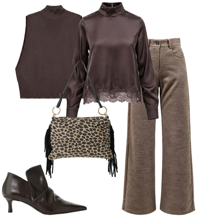Outfit donna - City. Stile Urban per Tutti i giorni. Abbinamento con pantaloni, bluse, gilet, borse a spalla, stivaletti.