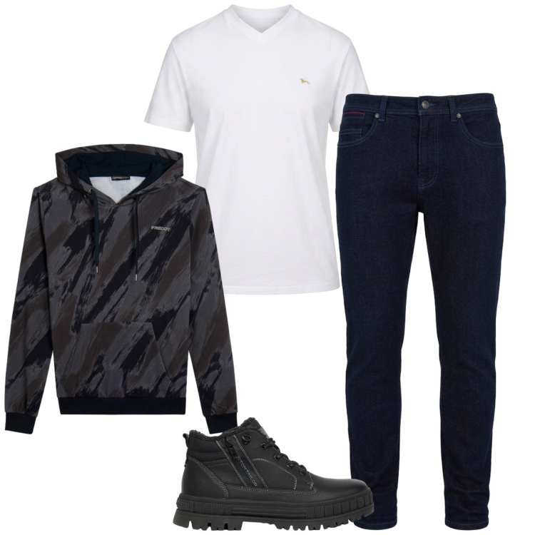 Outfit uomo - Total look #2495723. Stile Trendy per Tutti i giorni. Abbinamento con t-shirt, jeans slim fit, felpe con cappuccio, stivali e stivaletti.