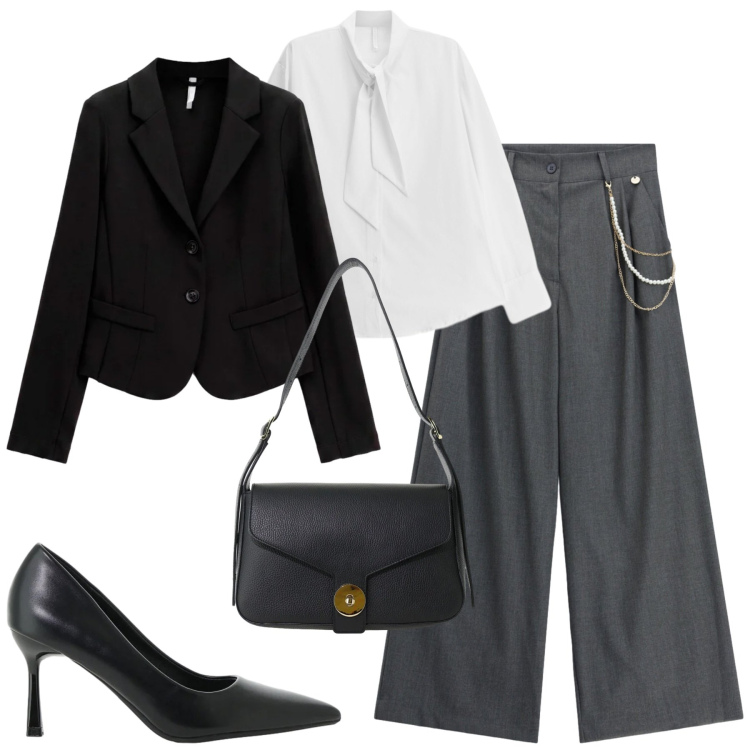 Outfit donna - In ufficio. Stile Trendy per Ufficio. Abbinamento con pantaloni a palazzo, blazer, camicie, décolleté, borse a spalla.