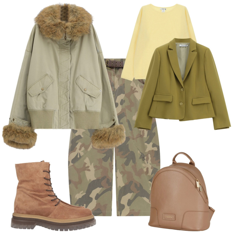 Outfit donna - Urban chic ufficio tempo libero. Stile Urban per Tutti i giorni. Abbinamento con pantaloni a palazzo, parka, maglieria, blazer, stivaletti, zaini.