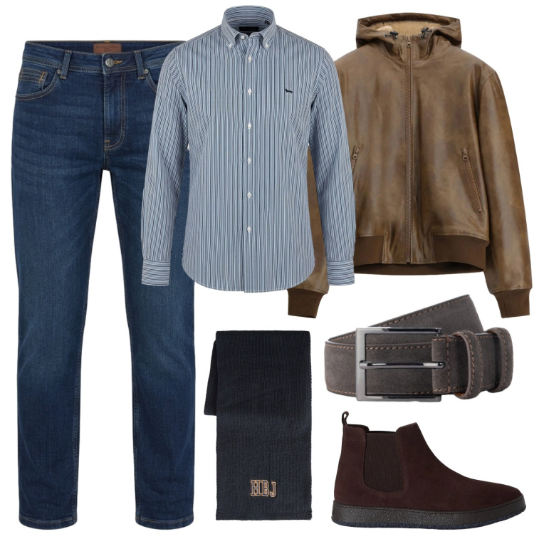 Outfit uomo - Denim & Leather. Stile Casual per Tutti i giorni. Abbinamento con jeans, stivali e stivaletti, cinture, camicie, sciarpe, bomber.