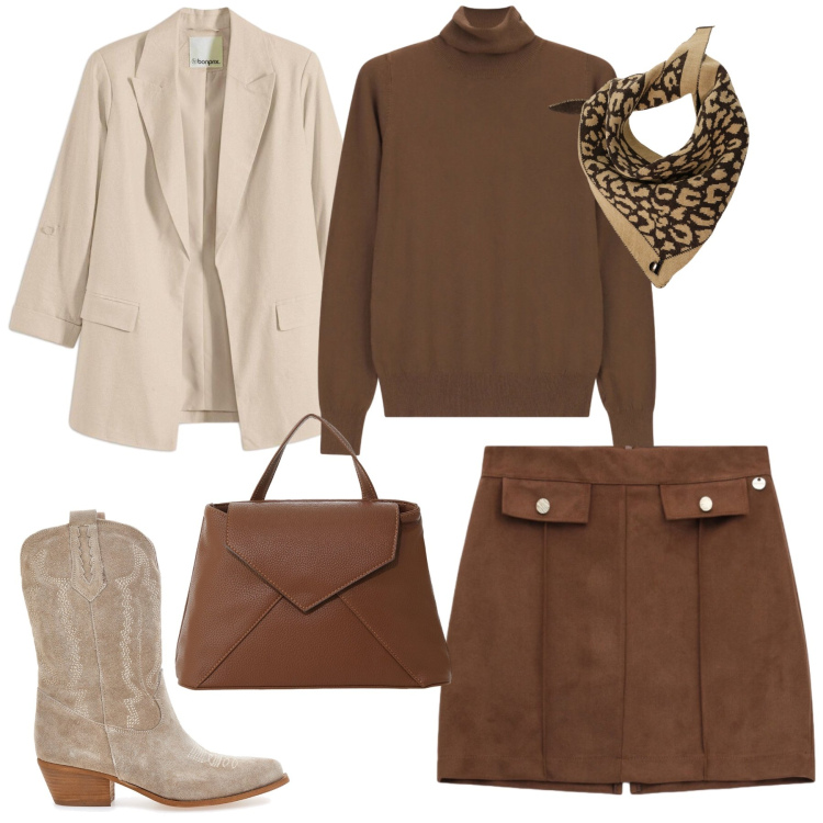 Outfit donna - Urban Footprint. Stile Casual chic per Tutti i giorni. Abbinamento con minigonne, borse a mano, pullovers, foulard, stivaletti texani, blazer.