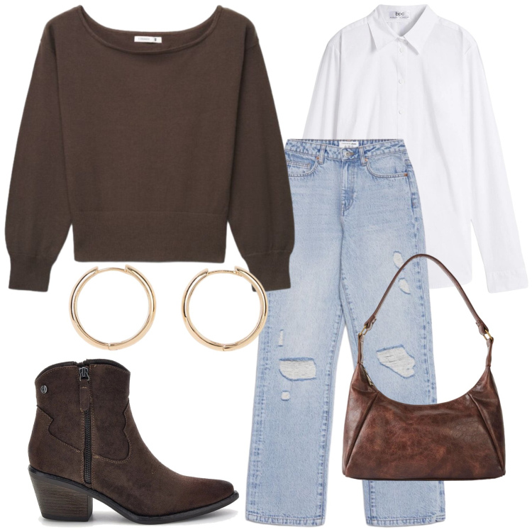 Outfit donna - Urban footprint. Stile Casual chic per Tutti i giorni. Abbinamento con maglieria, jeans strappati, stivaletti texani, camicie, borse a mano, orecchini.