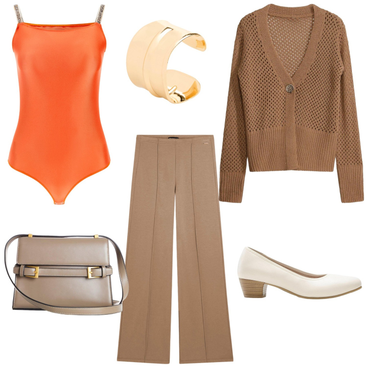Outfit donna - Sunny Autumn. Stile Casual per Tutti i giorni. Abbinamento con pantaloni, top, cardigans, décolleté, borse a tracolla, braccialetti.