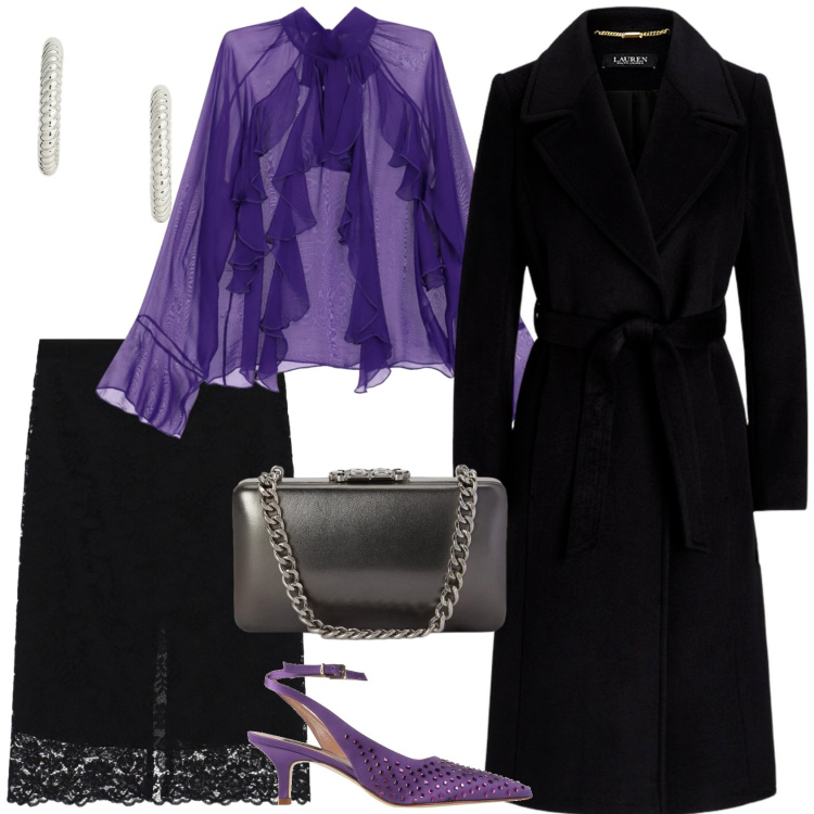 Outfit donna - Scenografica. Stile Chic per Serata fuori. Abbinamento con cappotti, orecchini, clutch, camicie, gonne longuette, décolleté.