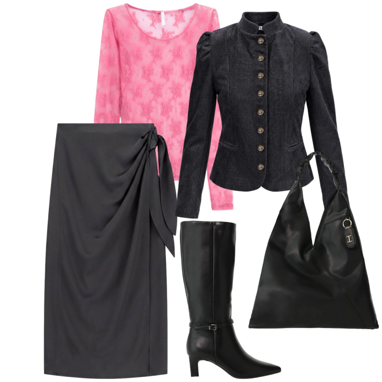 Outfit donna - Un tocco di rosa. per Serata fuori. Abbinamento con blazer, gonne lunghe, stivali, borse a spalla, t-shirt.