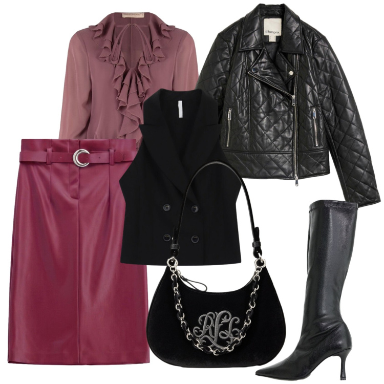 Outfit donna - Total look #2495767. Stile Glamour per Serata fuori. Abbinamento con gonne longuette, stivali, gilet, bluse, borse a spalla, giacche.