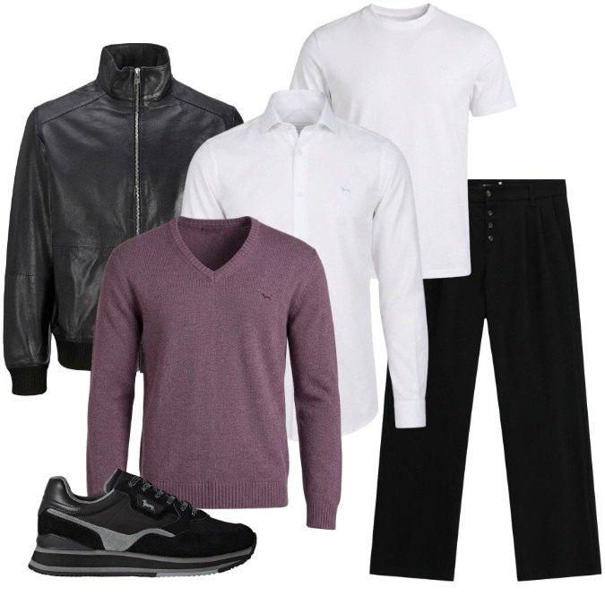Outfit uomo - Biker dal cuore Soft - Malva e Pelle. Stile Urban per Tutti i giorni. Abbinamento con t-shirt, camicie, maglieria, sneakers, pantaloni, giacche.