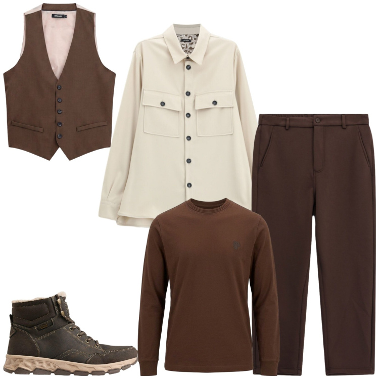 Outfit uomo - Total look #2495777. Stile Trendy per Serata speciale. Abbinamento con t-shirt, gilet, cappotti, pantaloni, stivali e stivaletti.