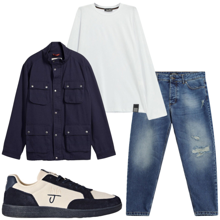 Outfit uomo - Total look #2495784. Stile Casual per Tutti i giorni. Abbinamento con sneakers, jeans strappati, t-shirt, giacche.
