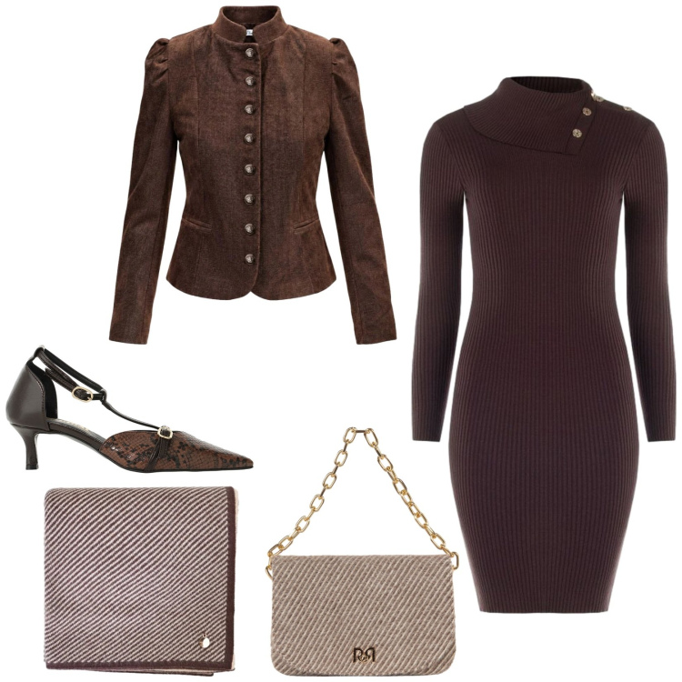 Outfit donna - Ottobre. Stile Chic per Serata fuori. Abbinamento con blazer, décolleté, vestiti asimmetrici, sciarpe, borse a spalla.