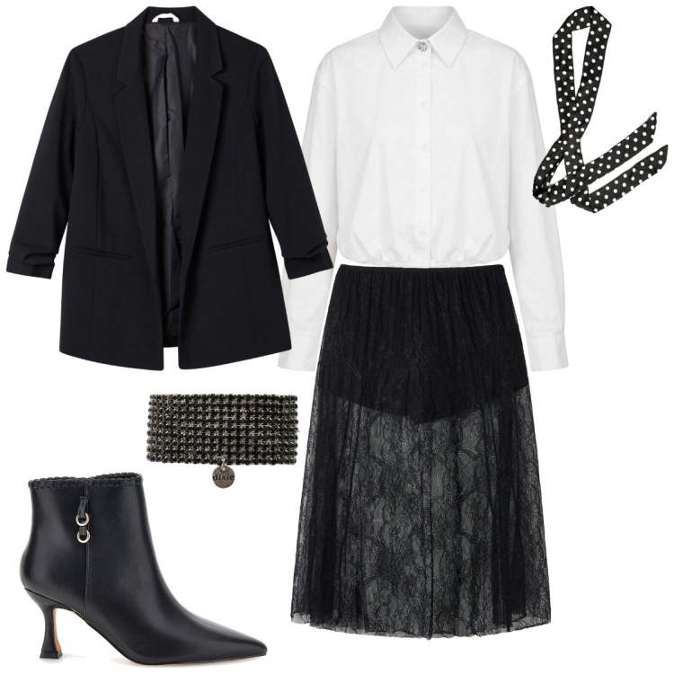 Outfit donna - Halloween 2026. Stile Glamour per Tutti i giorni. Abbinamento con gonne longuette, blazer, braccialetti, camicie, foulard, stivaletti.