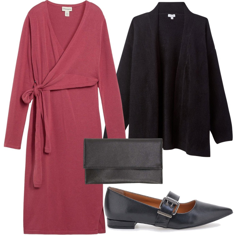 Outfit donna - Domen8ca autunnale. Stile Chic per Ufficio. Abbinamento con clutch, cardigans, ballerine, vestiti.