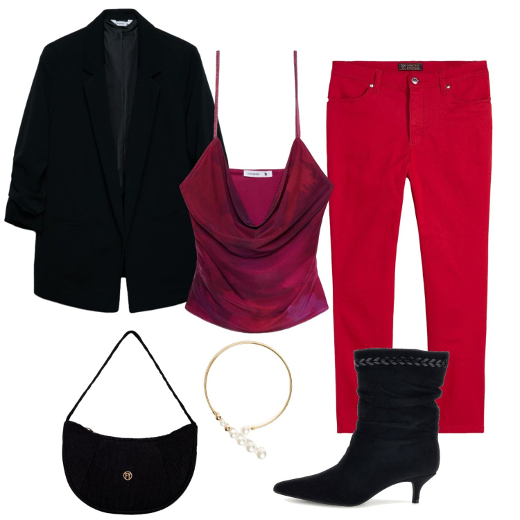 Outfit donna - Sfumature di rosso. Stile Chic per Serata fuori. Abbinamento con borse a mano, collane, blazer, top, pantaloni, stivaletti.