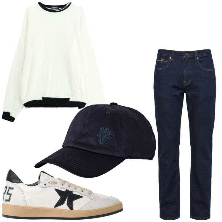 Outfit uomo - Total look #2495806. Stile Trendy per Tutti i giorni. Abbinamento con jeans, cappelli con visiera, maglieria, sneakers.