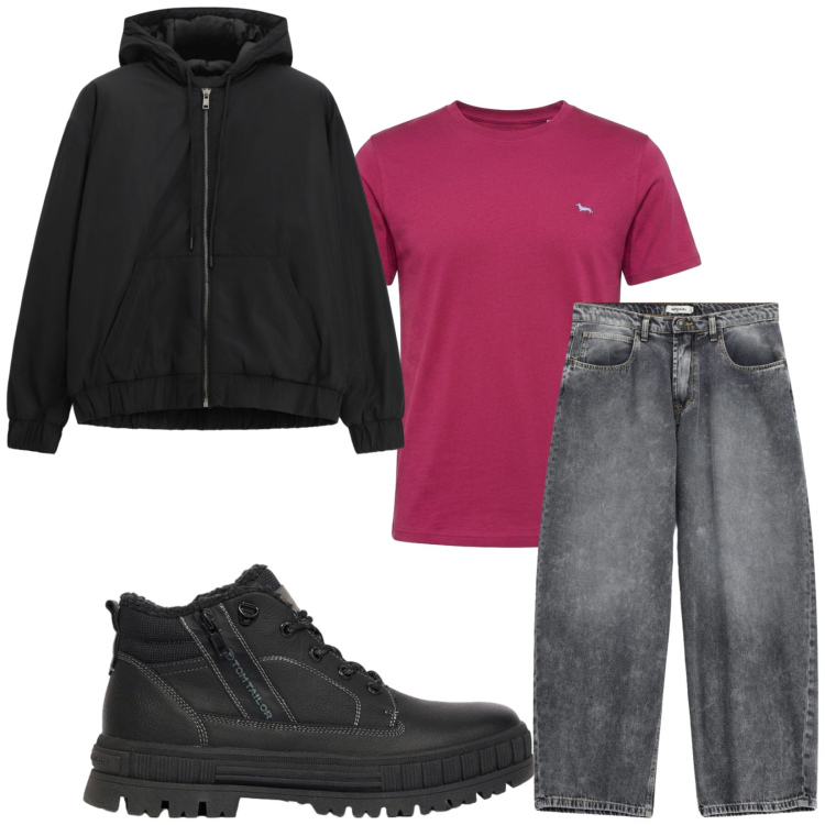 Outfit uomo - Total look #2495807. Stile Casual per Tutti i giorni. Abbinamento con t-shirt, jeans, bomber, stivali e stivaletti.