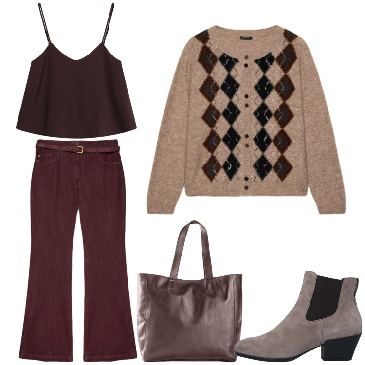 Outfit donna - Total look #2495809. Stile Casual per Tutti i giorni. Abbinamento con top, jeans, cardigans, stivaletti chelsea, shopping bag.