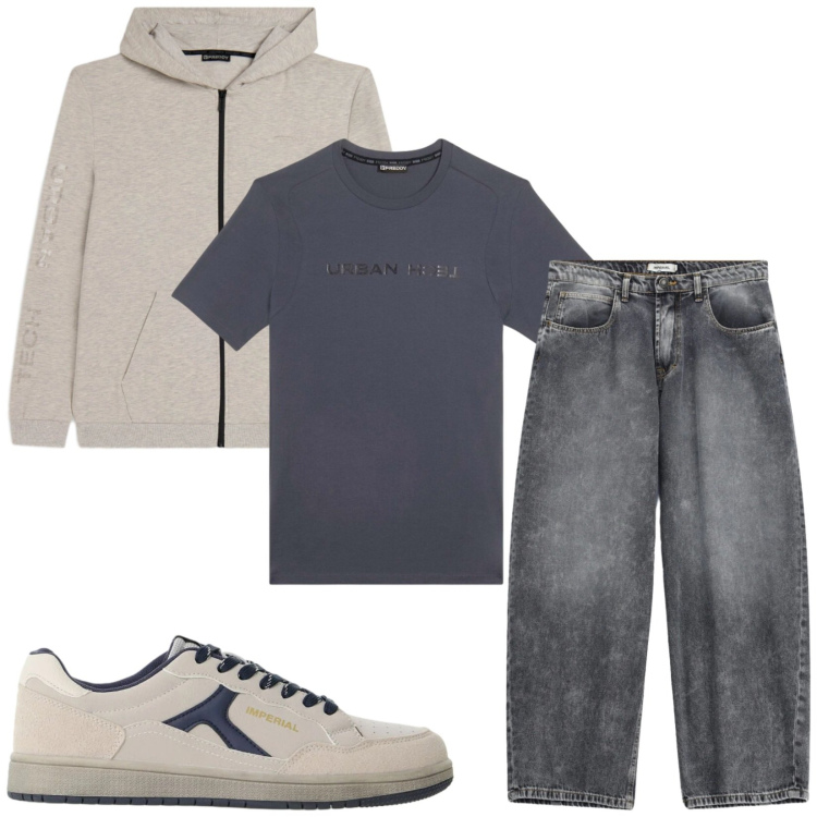 Outfit uomo - Total look #2495810. Stile Casual per Tutti i giorni. Abbinamento con jeans, sneakers, felpe con cappuccio, t-shirt.