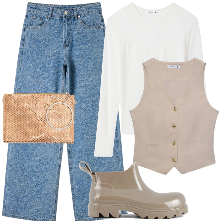Outfit donna - Aperitivo in città d'arte. Stile Casual chic per Serata fuori. Abbinamento con pochette, t-shirt, gilet, jeans, stivali.