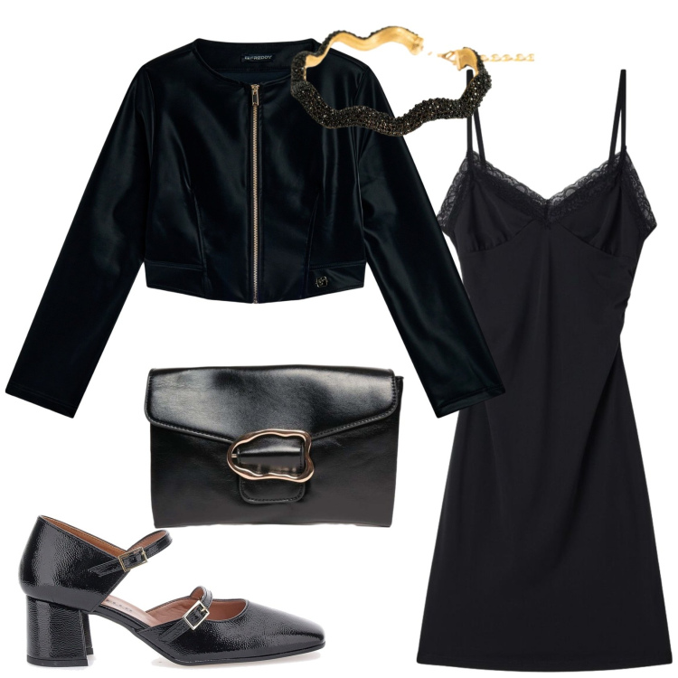 Outfit donna - Halloween total black. Stile Bon Ton per Serata fuori. Abbinamento con vestiti a tubino, blazer, clutch, collane, décolleté.