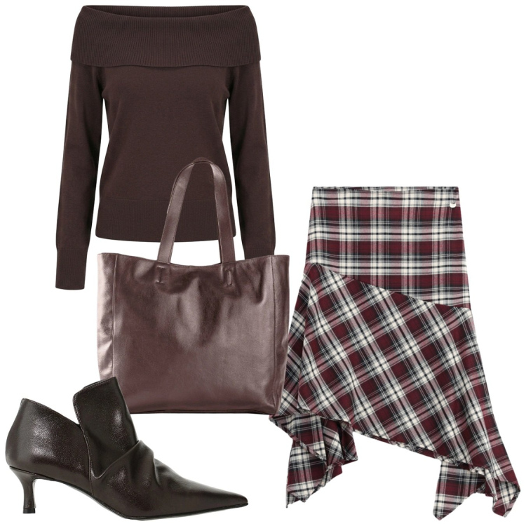 Outfit donna - Asimmetria. Stile Bon Ton per Tutti i giorni. Abbinamento con stivaletti, gonne longuette, maglieria, shopping bag.